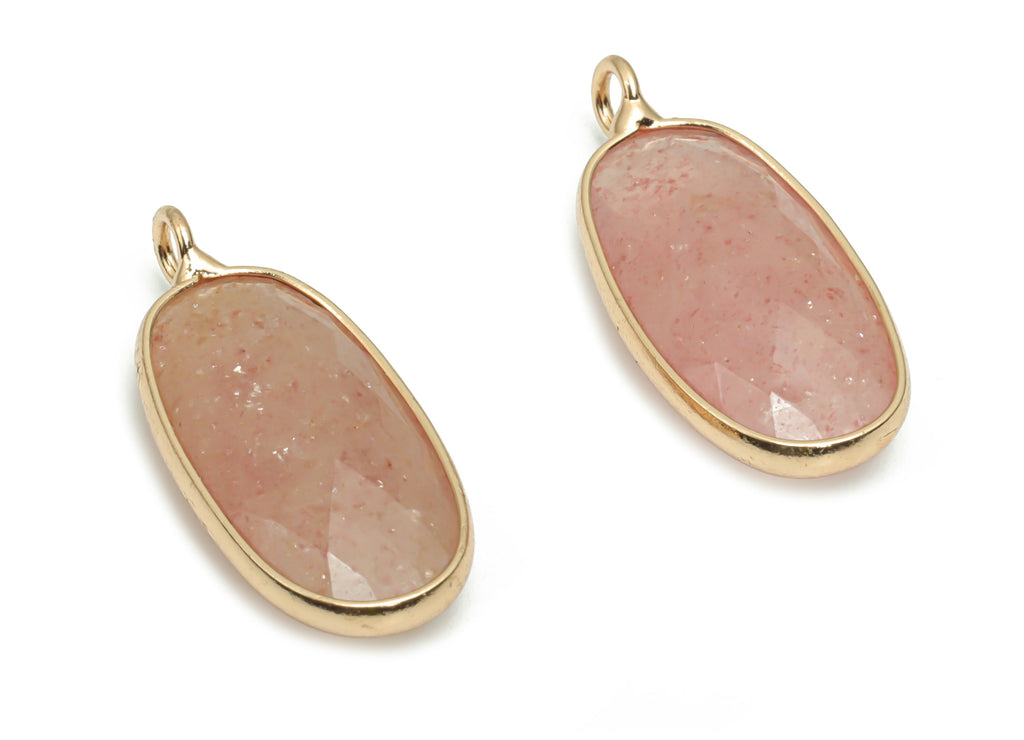 Strawberry Crystal Faceted Oval Earring Charms - Brass Oval Pendant - Natural Stone - Gold Tone Plated Brass – 25.39x11.28x5.54mm – NS1612 - DOMEDBAZAAR