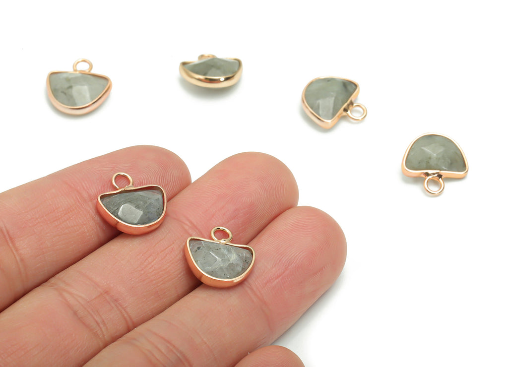 Gray Labradorite Domed Earring Charms - Brass Semicircle Pendant - Natural Stone - Gold Tone Plated Brass – 13.58x13.4x5.3mm – NS1605D - DOMEDBAZAAR