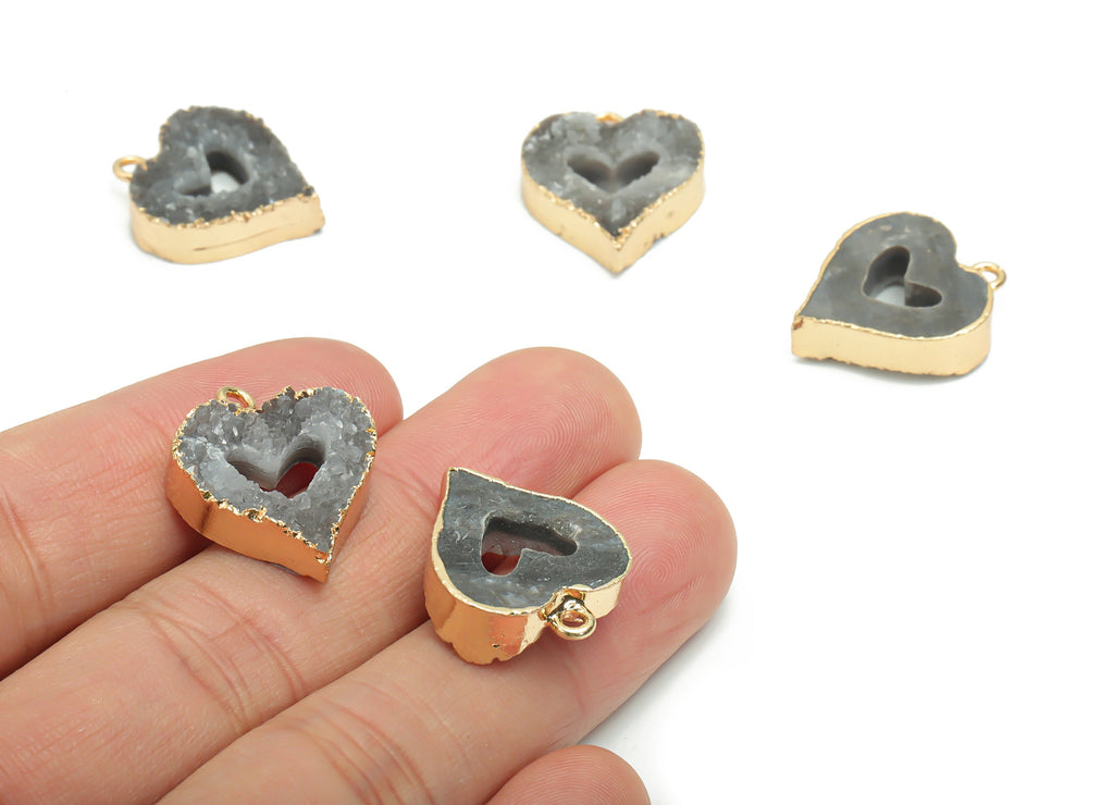 Druzy Dyed Quartz Crystal Heart Earring Charms - Brass Heart Pendant - Natural Stone - Gold Tone Plated Brass – 22.15x18.12x5.93mm – NS1601 - DOMEDBAZAAR