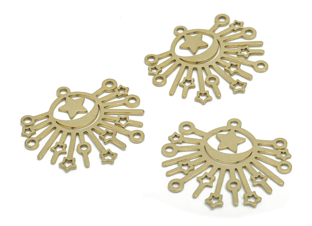 Brass Sun Planet Crescent Earring Connectors - Raw Brass Star Moon Charms and Pendant - Jewelry Making Supplies - 34.48x31.95x0.9mm- PPZ0017 - DOMEDBAZAAR