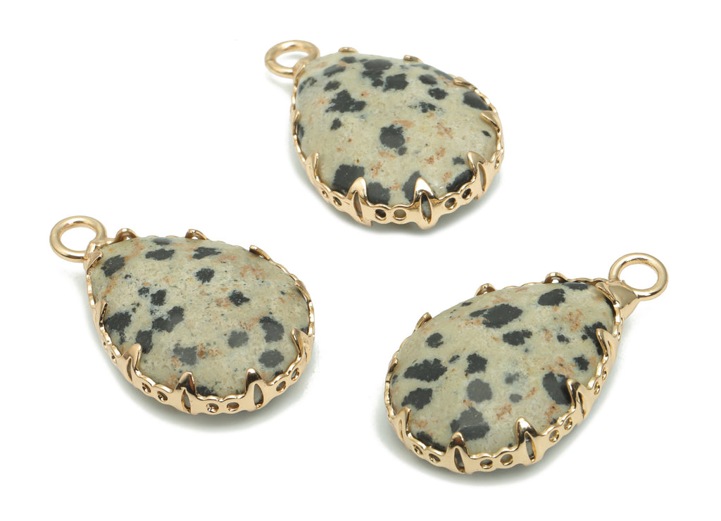 Dalmatian Jasper Stone Teardrop Charms - Brass Wire Drop Pendant - Natural Stone - Gold Tone Plated Brass – 23.58x13.79x5.9mm – NS1609A - DOMEDBAZAAR