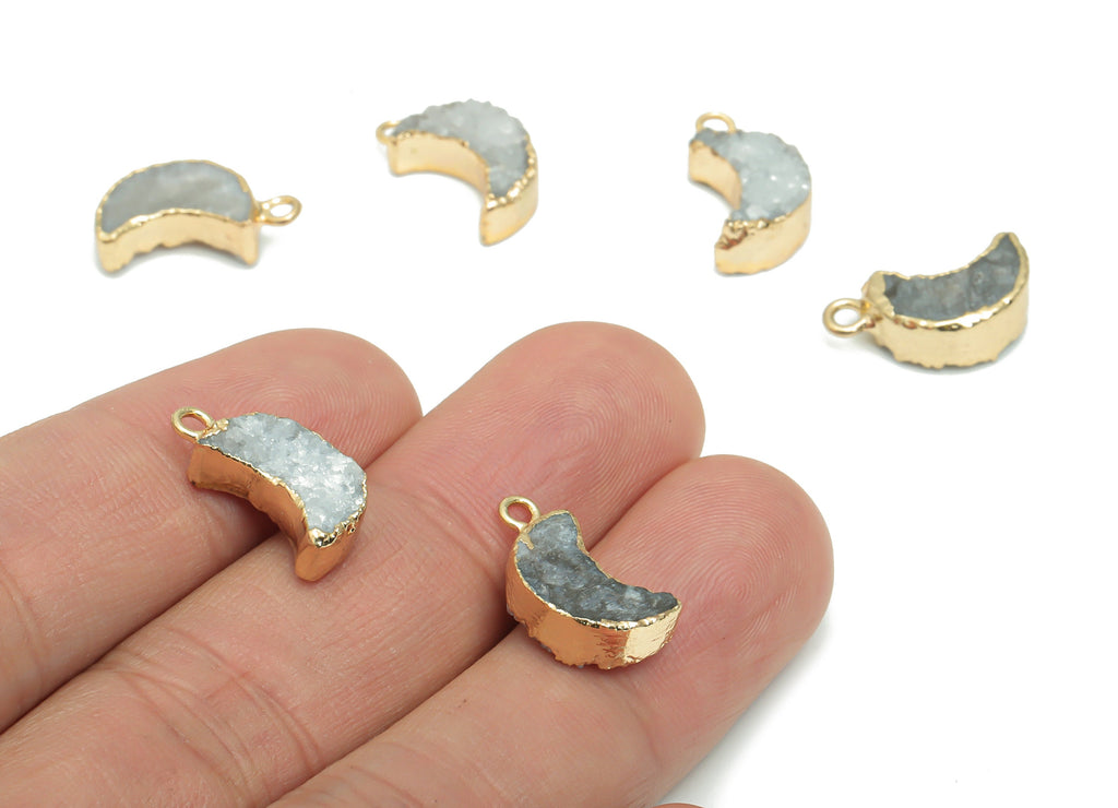 Druzy Dyed Quartz Crystal Crescent Earring Charms - Brass Moon Pendant - Natural Stone - Gold Tone Plated Brass – 16.97x9.27x4.84mm – NS1619 - DOMEDBAZAAR