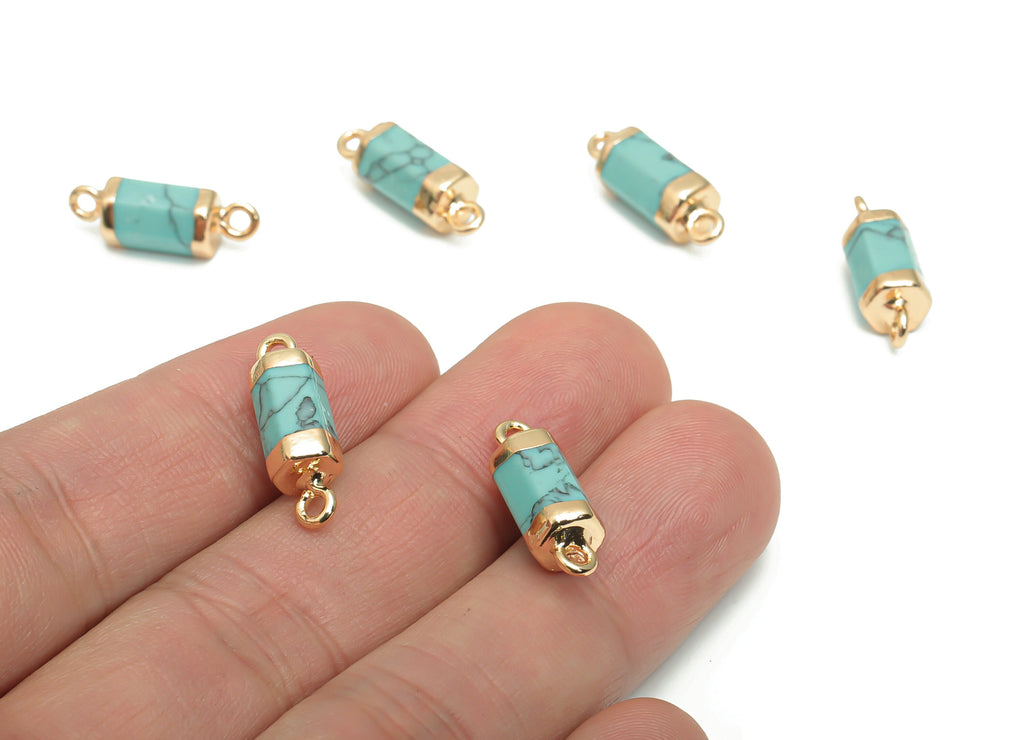 Blue Turquoise Cylinder Faceted Connector - Brass Stick Charms and Pendant - Natural Stone - Gold Tone Plated Brass – 19.9x6.3x6.3mm–NS1611B - DOMEDBAZAAR