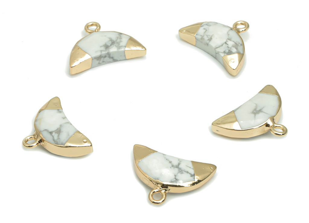 Howlite Crescent Horn Earring Charms - Brass Moon Pendant - Natural Stone - Gold Tone Plated Brass – 18.32x13.43x4.74mm– NS1617C - DOMEDBAZAAR