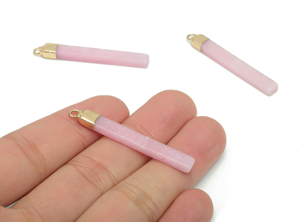 Rose Quartz Gemstone Pink Stick Charms - Brass Rectangle Bar Pendant - Natural Stone - Gold Tone Plated Brass – 44.37x5.5x3.3mm – NS1603D - DOMEDBAZAAR