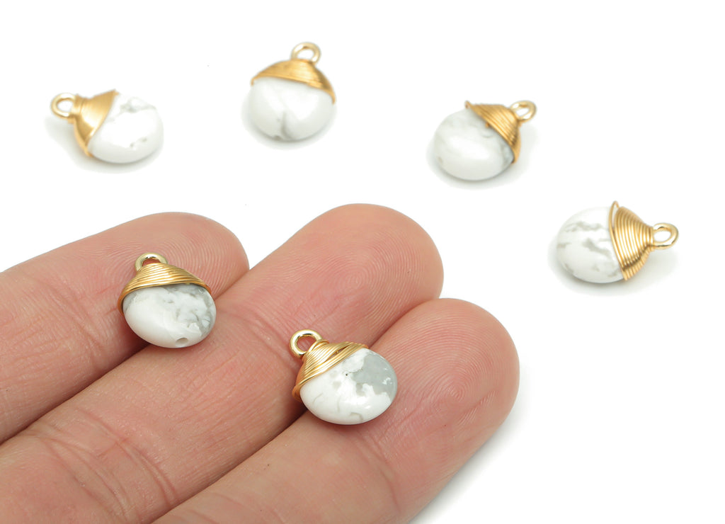 White Turquoise Round Earring Charms - Brass Circle Pendant - Brass Wire Wrapped - Gold Tone Plated Brass – 13.79x10.33x5.98mm – NS1608B - DOMEDBAZAAR