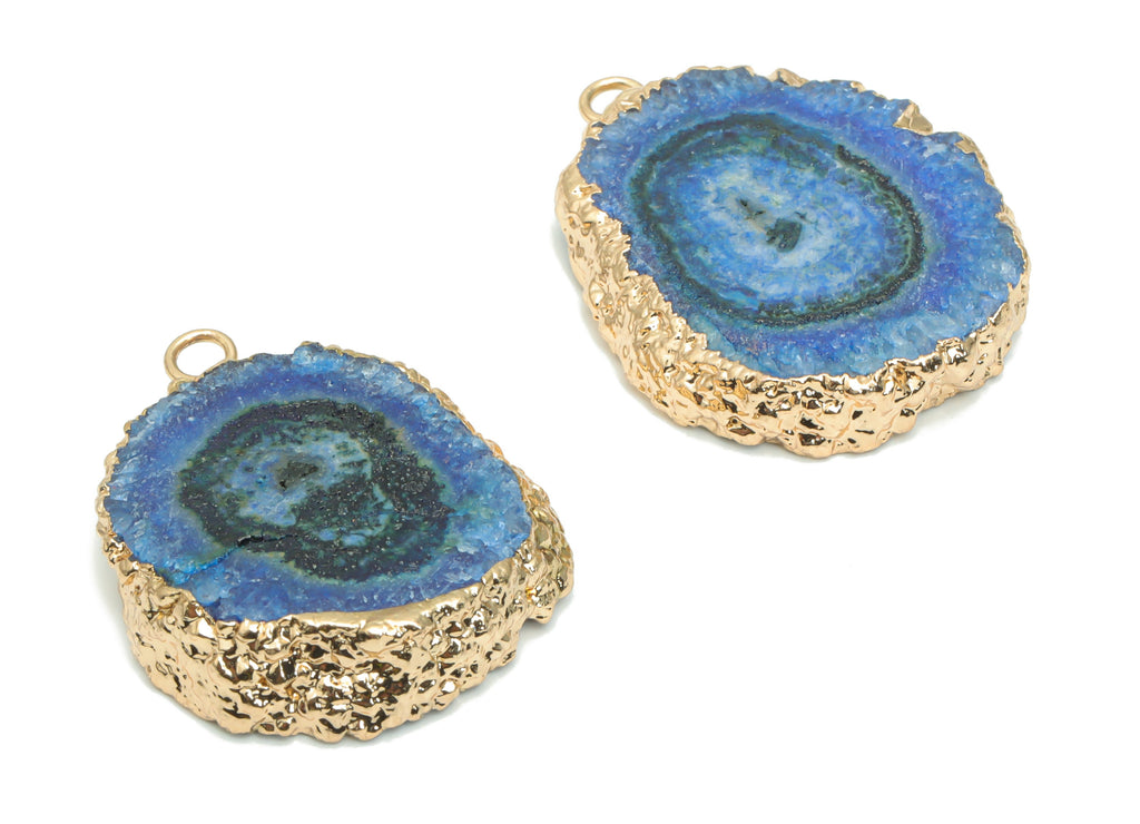 Blue Agate Flower Round Earring Charms - Brass Wire Circle Pendant - Natural Stone - Gold Tone Plated Brass – 28.02x23.6x6.25mm – NS1599E - DOMEDBAZAAR