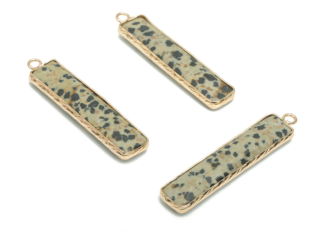 Dalmatian Jasper Stone Bar Stick Charms - Brass Wire Rectangle Pendant - Natural Stone - Gold Tone Plated Brass – 45.28x9.53x5.02mm – NS1625 - DOMEDBAZAAR