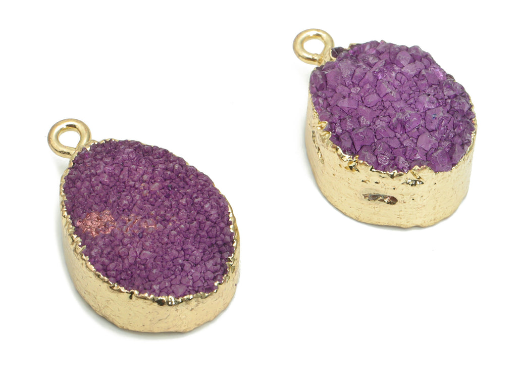 Druzy Dyed Quartz Crystal Oval Earring Charms - Brass Oval Pendant - Natural Stone - Gold Tone Plated Brass – 24.12x15.06x9.06mm – NS1618 - DOMEDBAZAAR