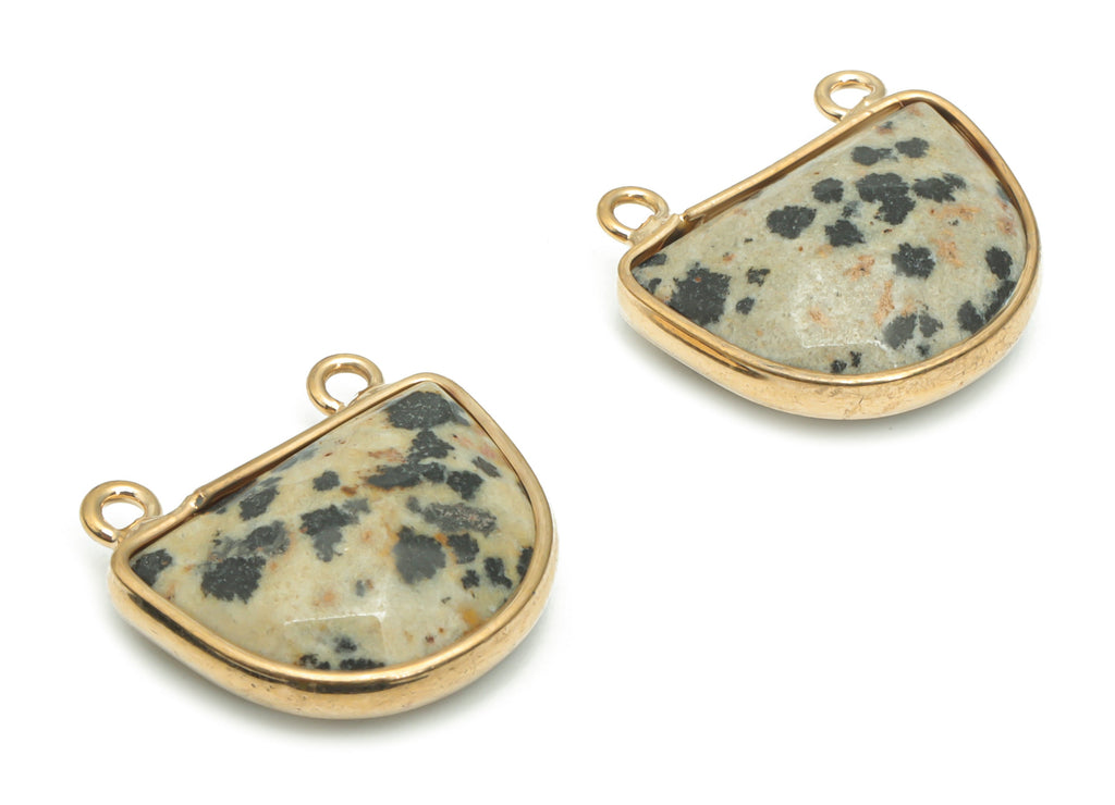 Dalmatian Jasper Stone Domed Connectors - Brass Semicircle Pendant - Natural Stone - Gold Tone Plated Brass – 17.62x16.62x6.36mm – NS1607D - DOMEDBAZAAR