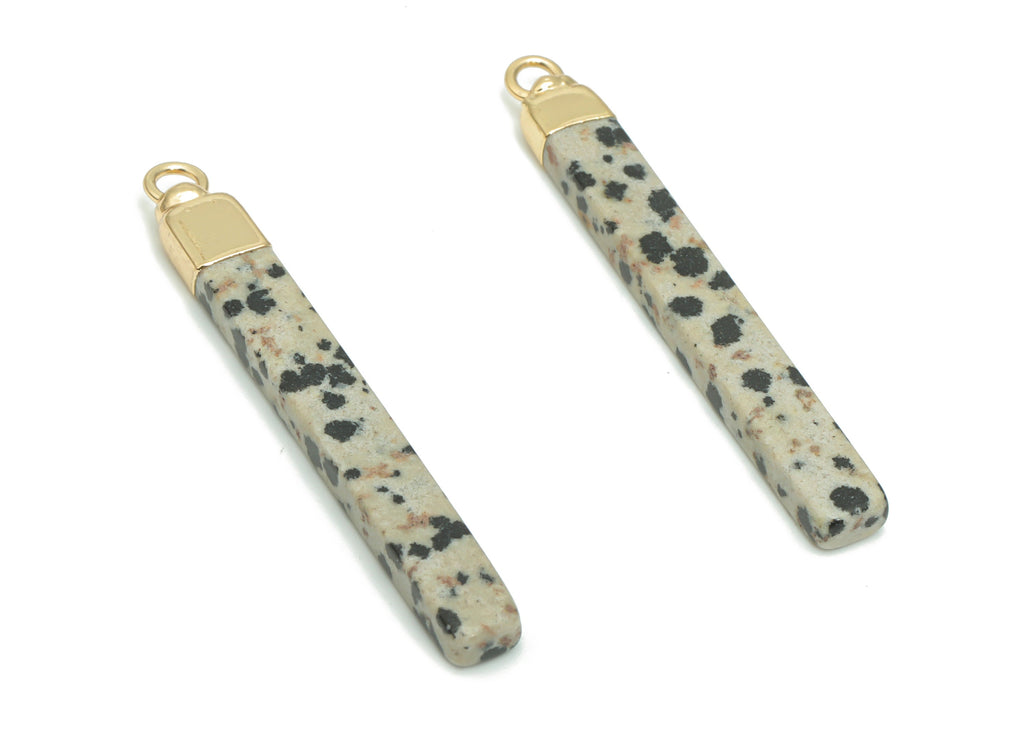 Dalmatian Jasper Stick Earring Charms - Brass Rectangle Bar Pendant - Natural Stone - Gold Tone Plated Brass – 44.92x5.57x3.35mm – NS1603B - DOMEDBAZAAR