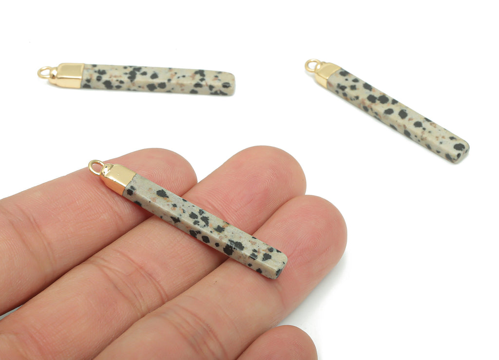 Dalmatian Jasper Stick Earring Charms - Brass Rectangle Bar Pendant - Natural Stone - Gold Tone Plated Brass – 44.92x5.57x3.35mm – NS1603B - DOMEDBAZAAR
