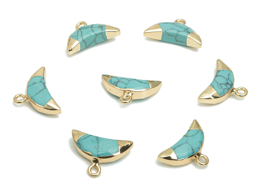 Blue Turquoise Crescent Horn Earring Charms - Brass Moon Pendant - Natural Stone - Gold Tone Plated Brass – 18.32x13.43x4.74mm – NS1617B - DOMEDBAZAAR