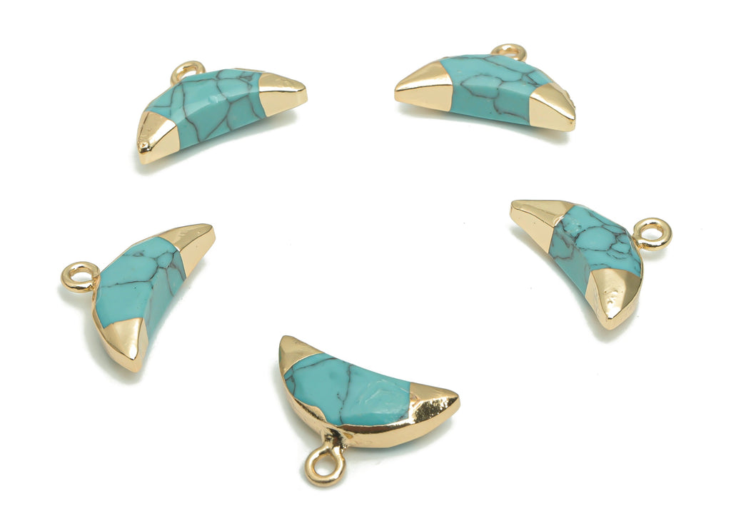 Blue Turquoise Crescent Horn Earring Charms - Brass Moon Pendant - Natural Stone - Gold Tone Plated Brass – 18.32x13.43x4.74mm – NS1617B - DOMEDBAZAAR