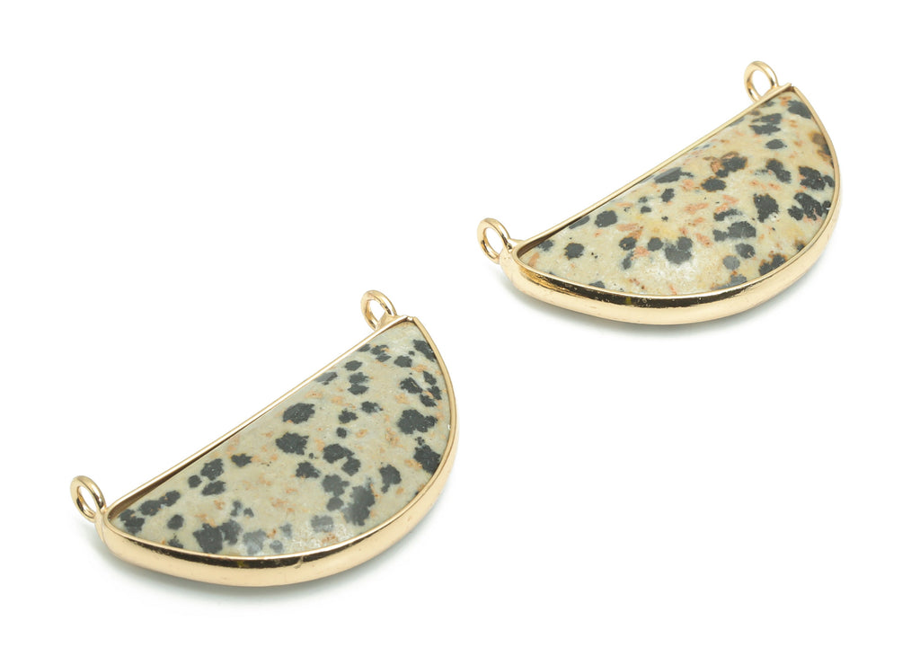 Dalmatian Jasper Semicircle Earring Connectors - Brass Half Moon Pendant - Natural Stone - Gold Tone Plated Brass – 31.72x15.8x6mm – NS1624A - DOMEDBAZAAR