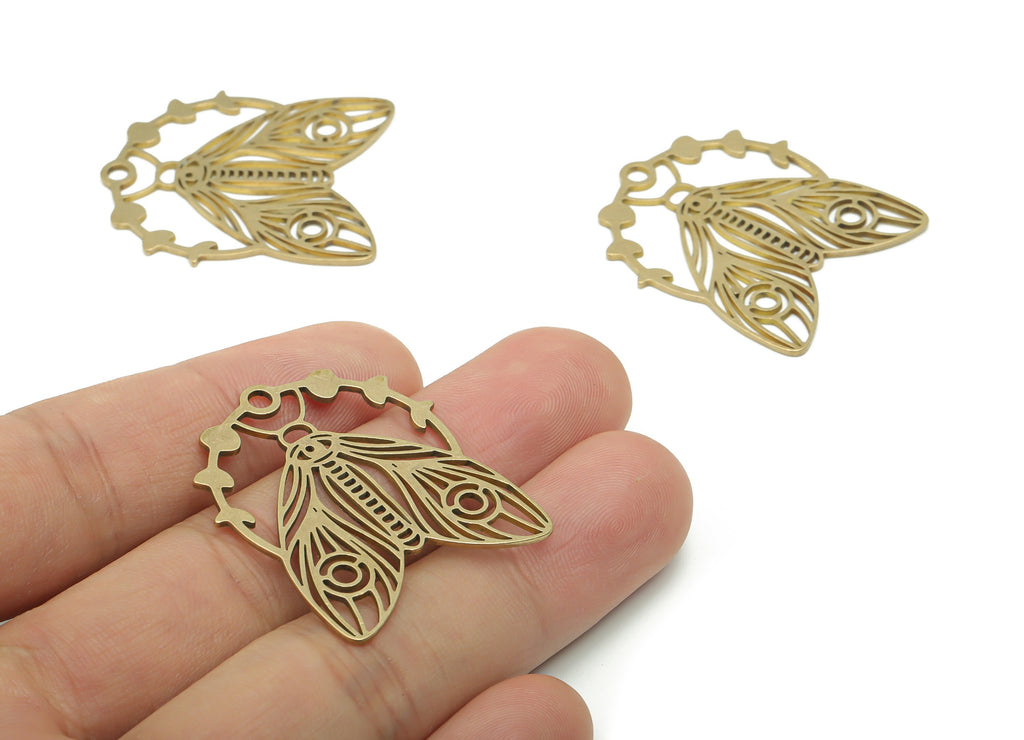 Brass Moth Earring Charms - Raw Brass Moth Phase of Moon Pendant - Jewelry Making Supplies - 34.72x30.33x0.86mm - PPZ0083 - DOMEDBAZAAR