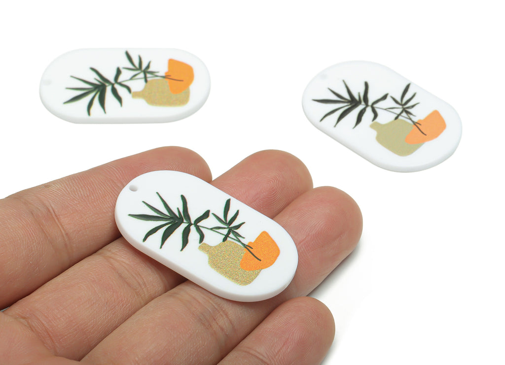 Acrylic Oval Bottle Bamboo Earring Charms - Acrylic Oval Leaves Pendant - Printing Textured - Jewelry Supplies - 39.64x24.29x2.4mm - AC2459B - DOMEDBAZAAR