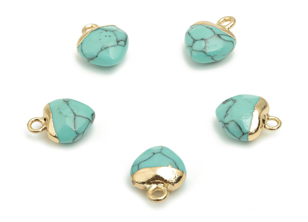 Blue Turquoise Heart Earring Charms - Brass Heart Pendant - Iron Loop - Natural Stone - Gold Tone Plated Brass – 12.55x9.75x5.34mm – NS1568C - DOMEDBAZAAR