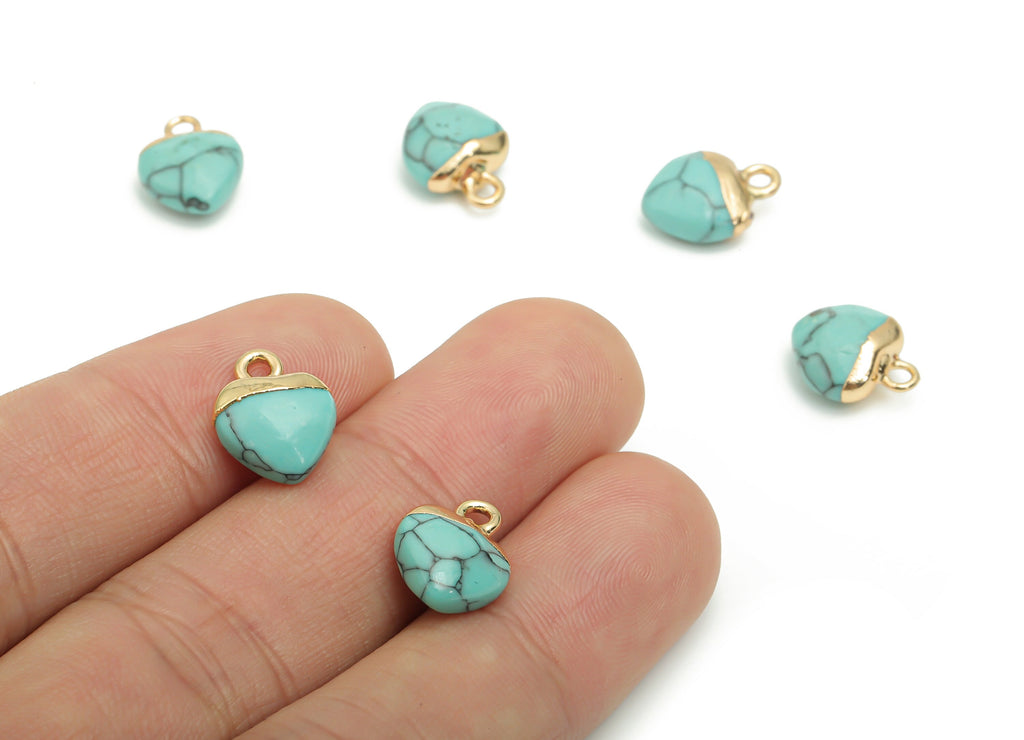 Blue Turquoise Heart Earring Charms - Brass Heart Pendant - Iron Loop - Natural Stone - Gold Tone Plated Brass – 12.55x9.75x5.34mm – NS1568C - DOMEDBAZAAR