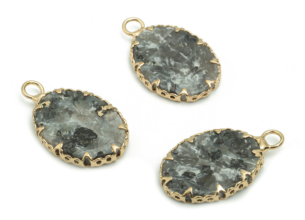 Labradorite Oval Earring Charms - Brass Frame Pendant - Iron Loop - Natural Stone - Gold Tone Plated Brass – 23.57x14.17x2.93mm – NS1572D - DOMEDBAZAAR