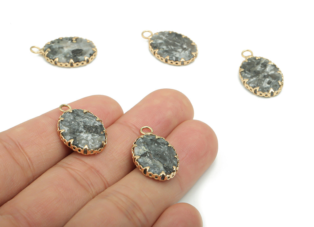Labradorite Oval Earring Charms - Brass Frame Pendant - Iron Loop - Natural Stone - Gold Tone Plated Brass – 23.57x14.17x2.93mm – NS1572D - DOMEDBAZAAR