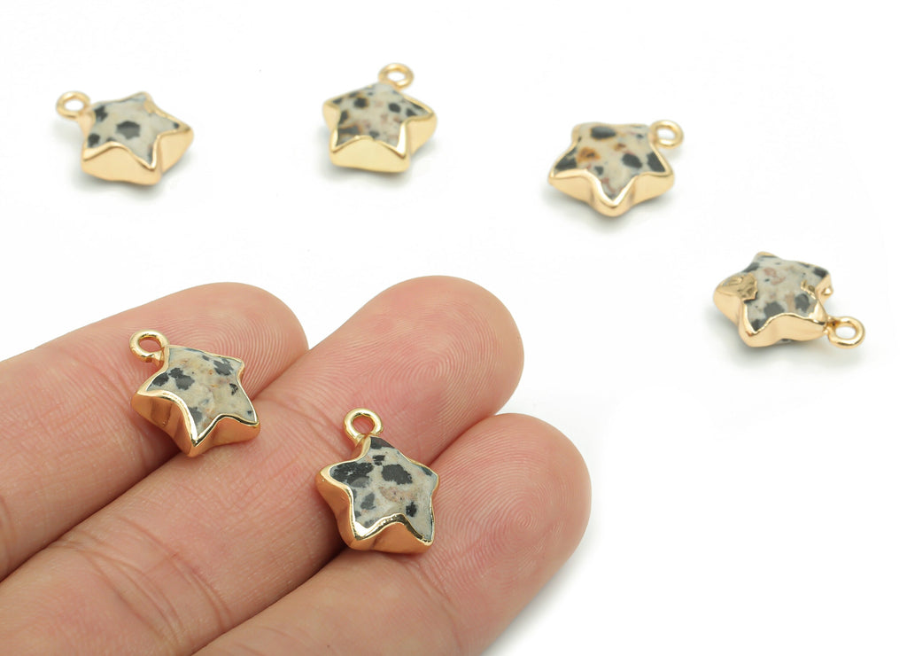 Dalmatian Jasper Star Earring Charms - Brass Star Pendant - Iron Loop - Natural Stone - Gold Tone Plated Brass – 15.94x12.86x6.5mm – NS1579G - DOMEDBAZAAR