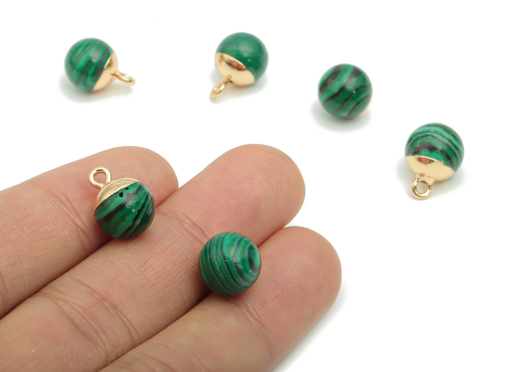 Malachite Ball Beads Earring Charms - Brass Beads Pendant - Iron Loop - Natural Stone - Gold Tone Plated Brass – 14.58x10.8x10.8mm – NS1578E - DOMEDBAZAAR