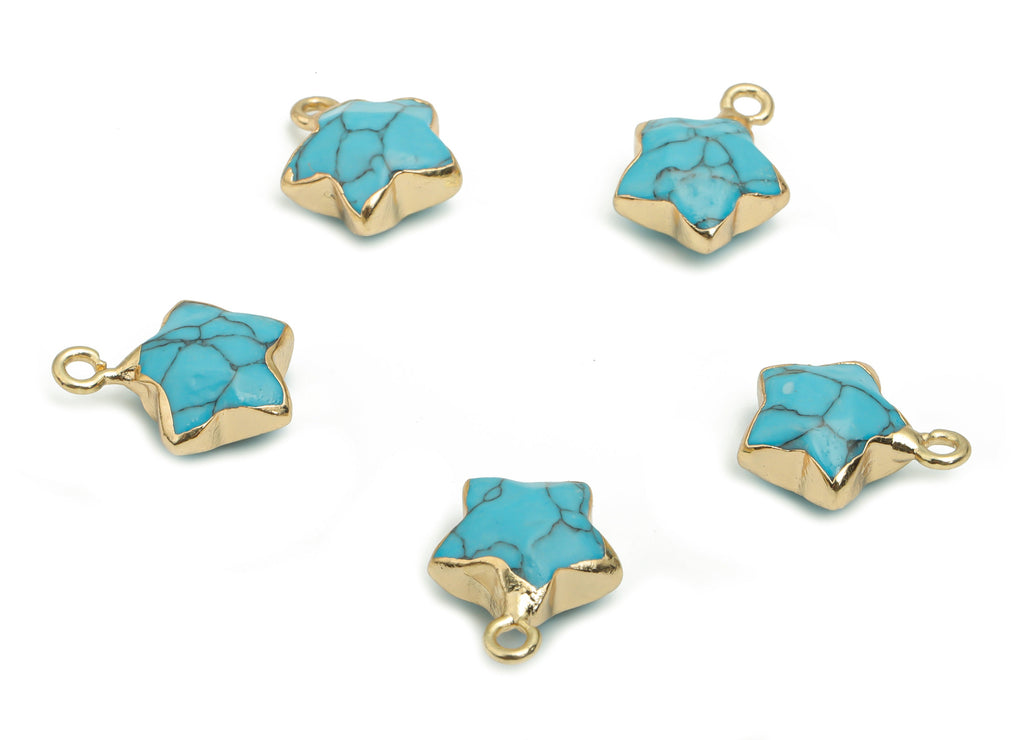 Blue Turquoise Star Earring Charms - Brass Star Pendant - Iron Loop - Natural Stone - Gold Tone Plated Brass – 15.94x12.86x6.51mm – NS1579H - DOMEDBAZAAR