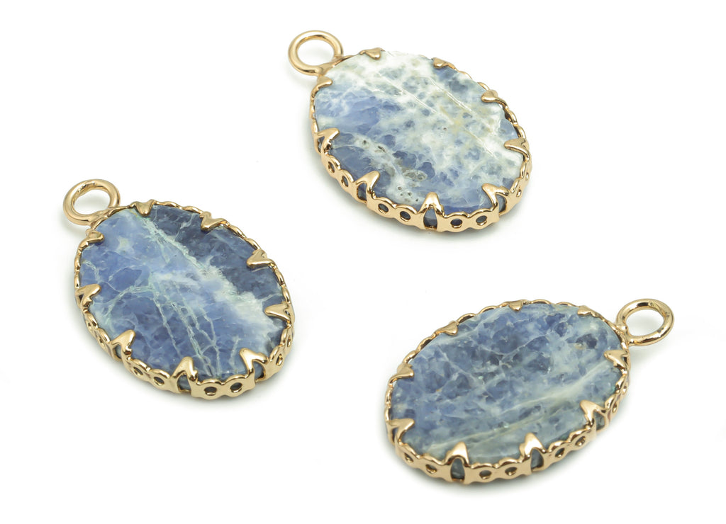 Sodalite Oval Earring Charms - Brass Frame Pendant - Iron Loop - Natural Stone - Gold Tone Plated Brass – 23.18x14.24x2.96mm – NS1572B - DOMEDBAZAAR