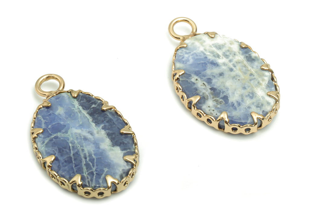 Sodalite Oval Earring Charms - Brass Frame Pendant - Iron Loop - Natural Stone - Gold Tone Plated Brass – 23.18x14.24x2.96mm – NS1572B - DOMEDBAZAAR