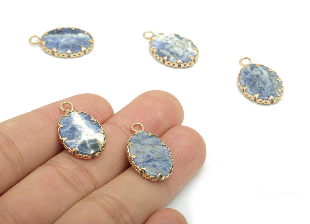 Sodalite Oval Earring Charms - Brass Frame Pendant - Iron Loop - Natural Stone - Gold Tone Plated Brass – 23.18x14.24x2.96mm – NS1572B - DOMEDBAZAAR