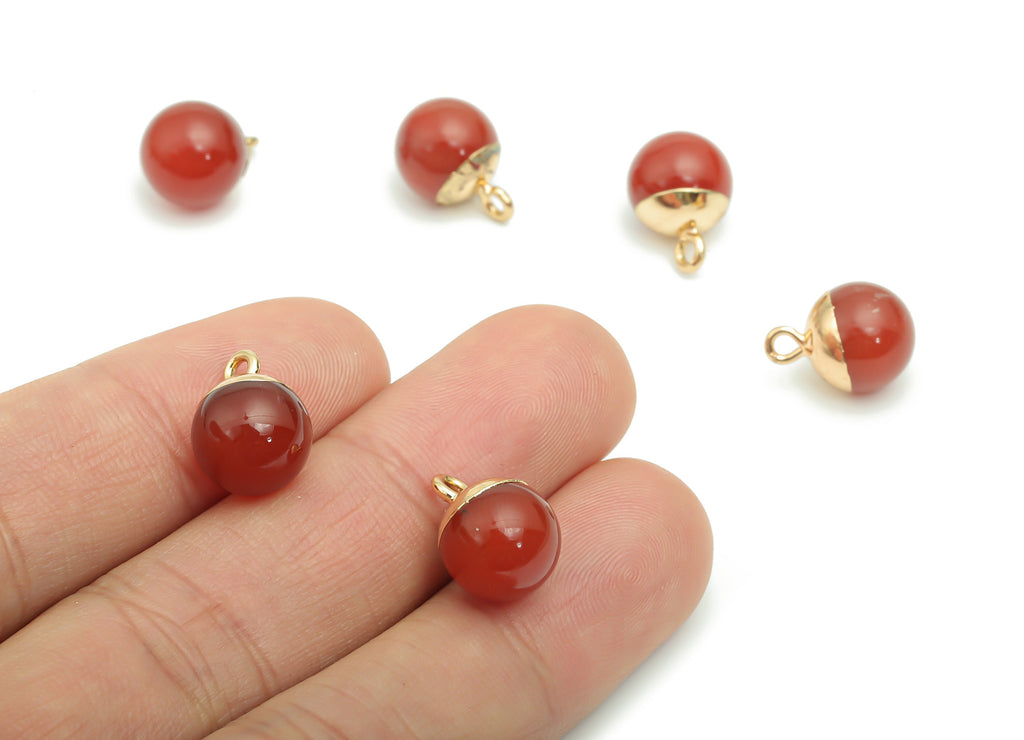 Red Agate Ball Beads Earring Charms - Brass Beads Pendant - Iron Loop - Natural Stone - Gold Tone Plated Brass – 14.58x10.8x10.8mm – NS1578B - DOMEDBAZAAR