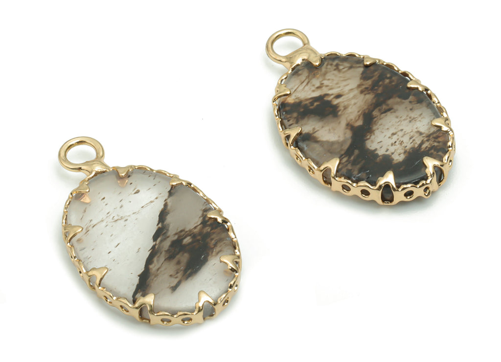 Tourmalinated Oval Earring Charms - Brass Frame Pendant - Iron Loop - Natural Stone - Gold Tone Plated Brass – 23.07x13.76x3.23mm – NS1572E - DOMEDBAZAAR