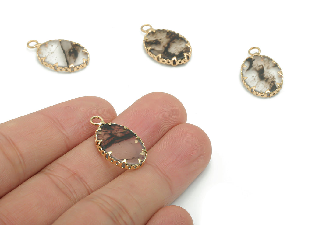 Tourmalinated Oval Earring Charms - Brass Frame Pendant - Iron Loop - Natural Stone - Gold Tone Plated Brass – 23.07x13.76x3.23mm – NS1572E - DOMEDBAZAAR