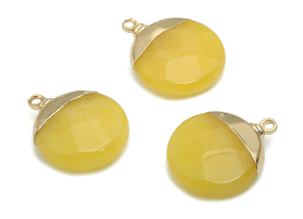 Yellow Jade Earring Charms - Brass Round Pendant - Iron Loop - Natural Stone - Gold Tone Plated Brass – 18.45x15.05x6.56mm – NS1570E - DOMEDBAZAAR