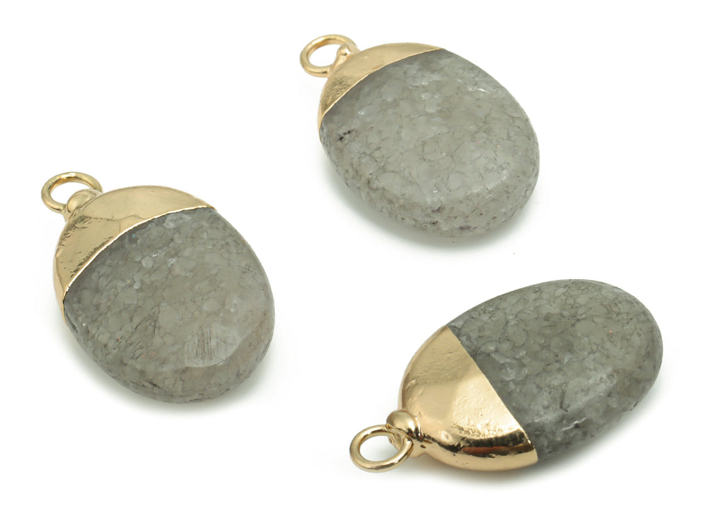 Gray Labradorite Oval Earring Charms - Brass Oval Pendant - Iron Loop - Natural Stone - Gold Tone Plated Brass – 22.74x13.24x5.4mm – NS1563D - DOMEDBAZAAR