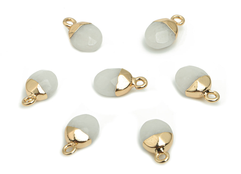 White Jade Mini Round Earring Charms - Brass Circle Pendant - Iron Loop - Natural Stone - Gold Tone Plated Brass – 13.52x8.1x5.3mm – NS1577E - DOMEDBAZAAR