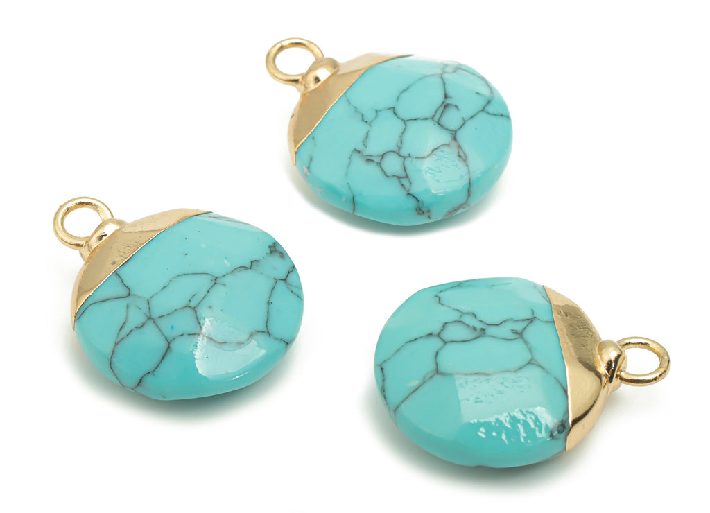Blue Turquoise Earring Charms - Brass Round Pendant - Iron Loop - Natural Stone - Gold Tone Plated Brass – 19.45x15.28x6.44mm – NS1570F - DOMEDBAZAAR