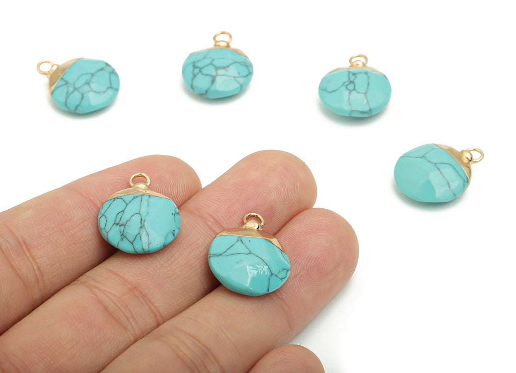 Blue Turquoise Earring Charms - Brass Round Pendant - Iron Loop - Natural Stone - Gold Tone Plated Brass – 19.45x15.28x6.44mm – NS1570F - DOMEDBAZAAR