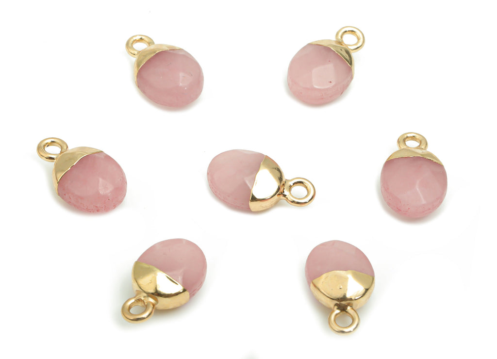 Rose Quartz Mini Round Earring Charms - Brass Circle Pendant - Iron Loop - Natural Stone - Gold Tone Plated Brass – 13.5x8.1x5.3mm – NS1577A - DOMEDBAZAAR