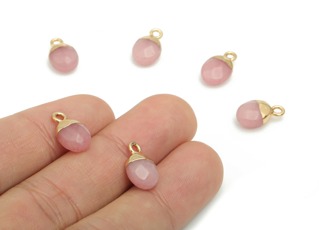 Rose Quartz Mini Round Earring Charms - Brass Circle Pendant - Iron Loop - Natural Stone - Gold Tone Plated Brass – 13.5x8.1x5.3mm – NS1577A - DOMEDBAZAAR