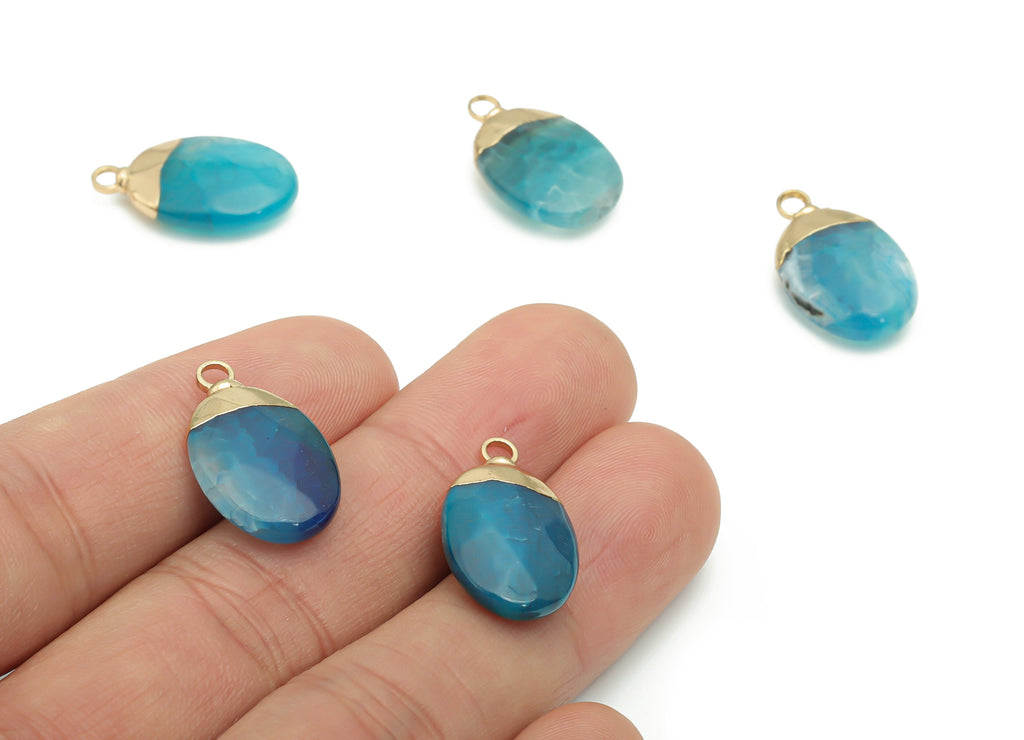 Blue Agate Stone Oval Earring Charms - Brass Oval Pendant - Iron Loop - Natural Stone - Gold Tone Plated Brass – 21.87x12.93x5.2mm – NS1563C - DOMEDBAZAAR
