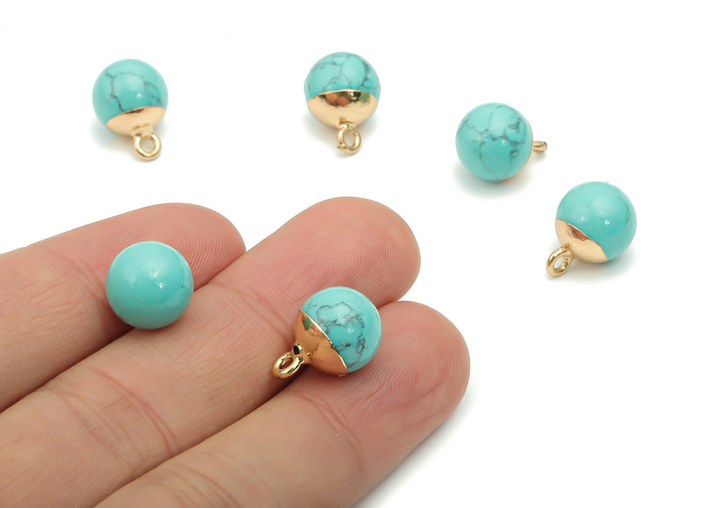 Blue Turquoise Ball Beads Charms - Brass Beads Pendant - Iron Loop - Natural Stone - Gold Tone Plated Brass – 14.58x10.8x10.8mm – NS1578D - DOMEDBAZAAR