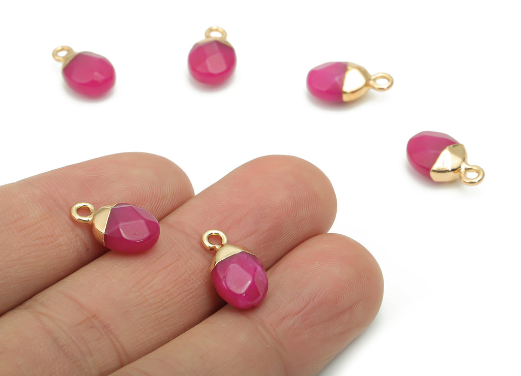 Pink Jade Mini Round Charms - Brass Circle Pendant - Iron Loop - Natural Stone - Gold Tone Plated Brass – 13.52x8.07x5.3mm – NS1577H - DOMEDBAZAAR