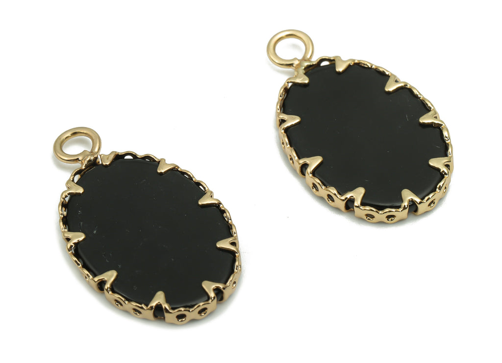 Black Onyx Oval Earring Charms - Brass Frame Pendant - Iron Loop - Natural Stone - Gold Tone Plated Brass – 23.07x13.71x2.18mm – NS1572H - DOMEDBAZAAR