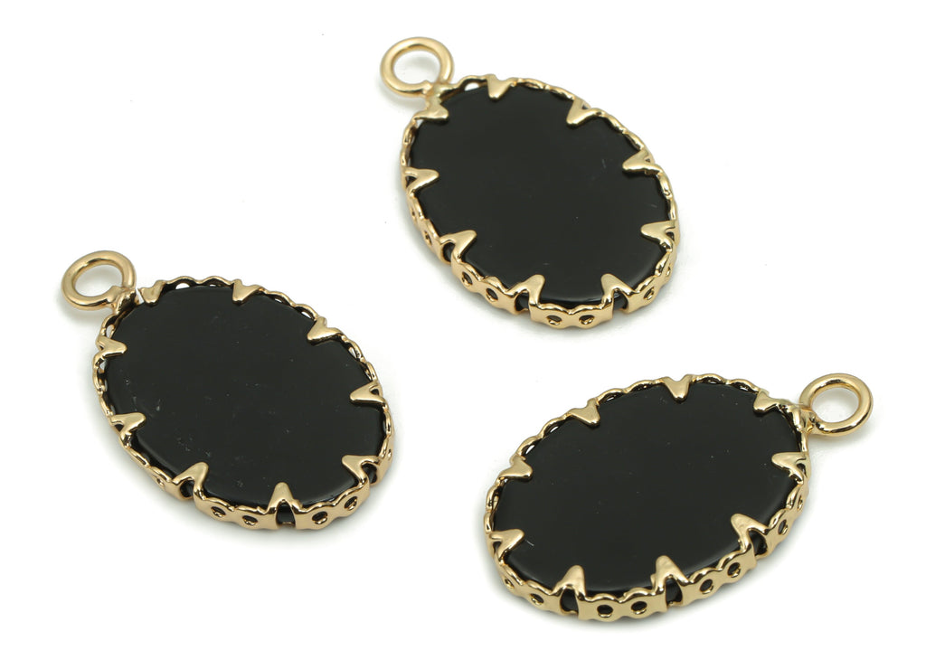 Black Onyx Oval Earring Charms - Brass Frame Pendant - Iron Loop - Natural Stone - Gold Tone Plated Brass – 23.07x13.71x2.18mm – NS1572H - DOMEDBAZAAR