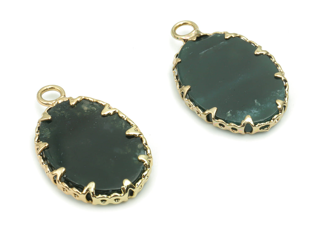 Moss Agate Oval Earring Charms - Brass Frame Pendant - Iron Loop - Natural Stone - Gold Tone Plated Brass – 22.94x14.15x2.43mm – NS1572G - DOMEDBAZAAR