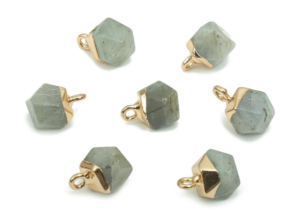 Gray Labradorite Hexagon Charms - Brass Hexagon Pendant - Iron Loop - Natural Stone - Gold Tone Plated Brass – 12.57x8.45x8.18mm – NS1580B - DOMEDBAZAAR