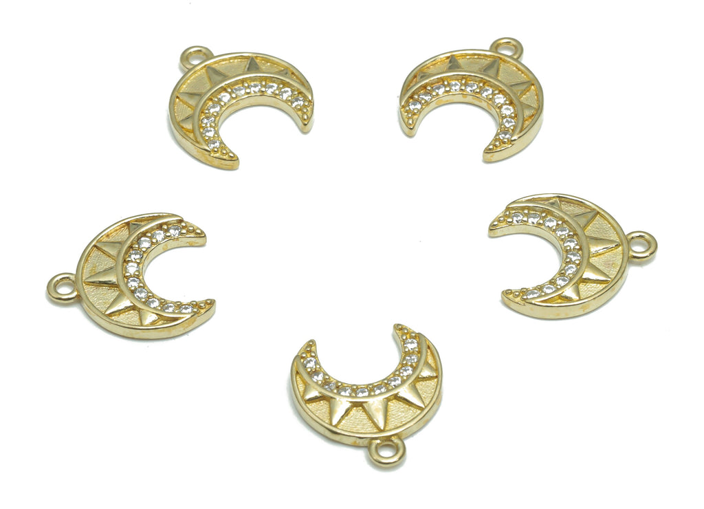 Brass Crescent Earring Charms With Zircons - Raw Brass Moon Sun Pendant - Jewelry Making Supplies - 12.45x11.23x1.8mm - PP5177 - DOMEDBAZAAR