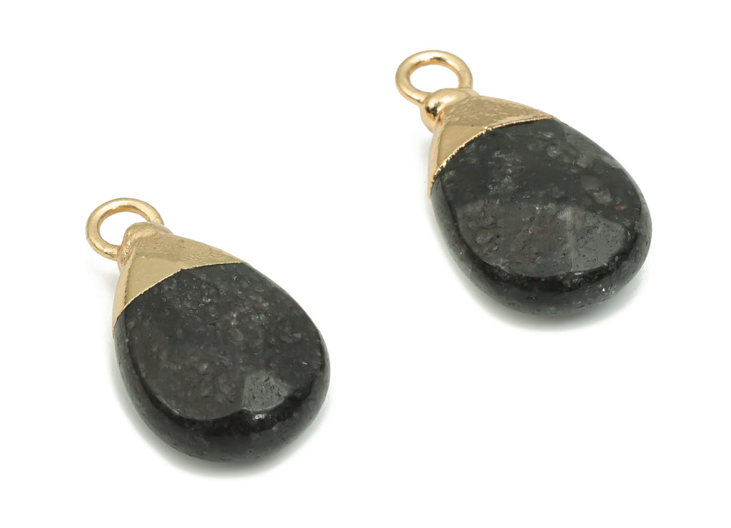 Black Tourmaline Drop Earring Charms - Brass Drop Pendant - Iron Loop - Faceted Stone - Gold Tone Plated Brass – 18.55x10.3x5.3mm – NS1569C - DOMEDBAZAAR